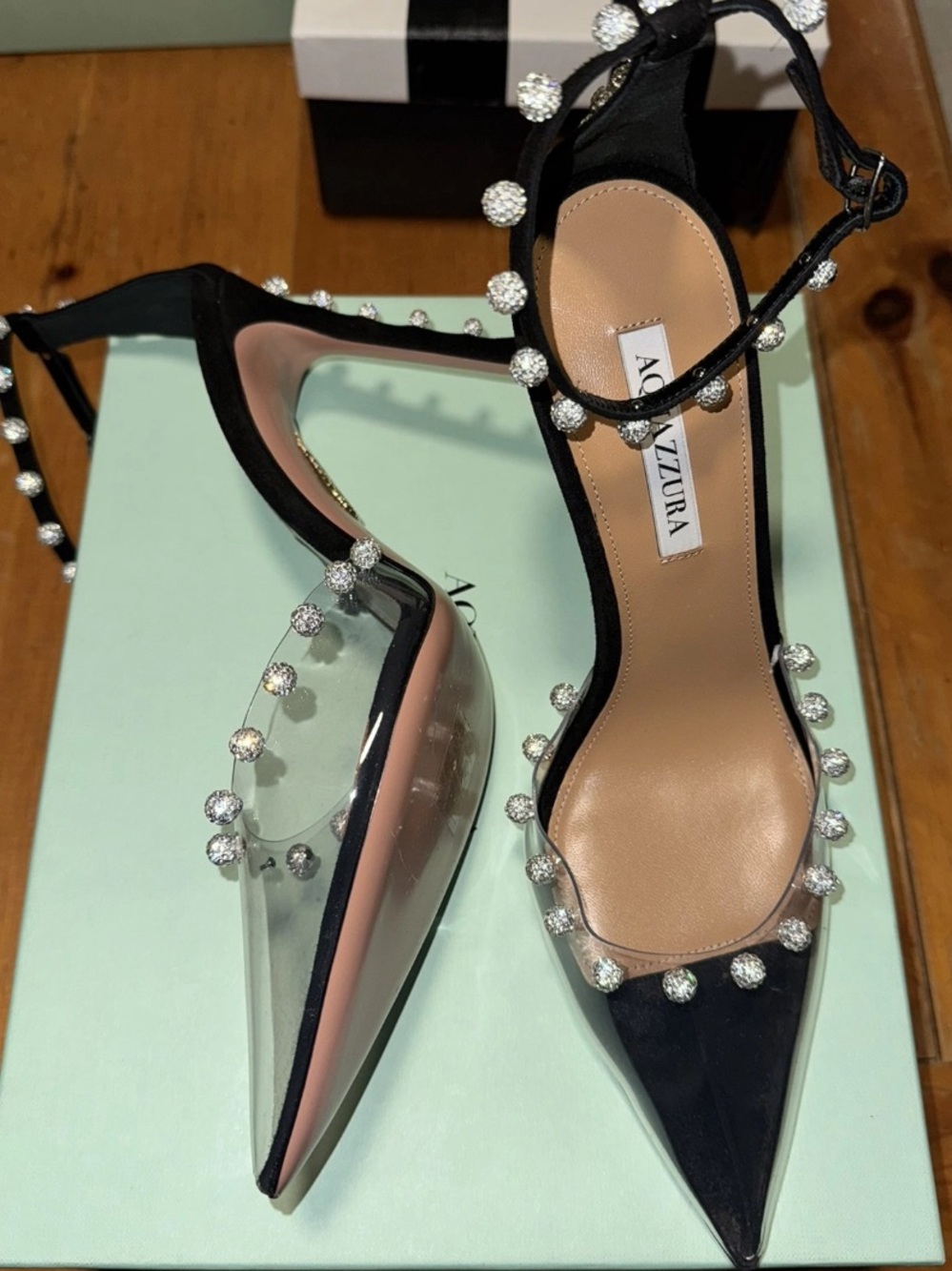 Aquazzura Black Crystal-Embellished PVC Pointed-Toe Ankle-Strap Pump
